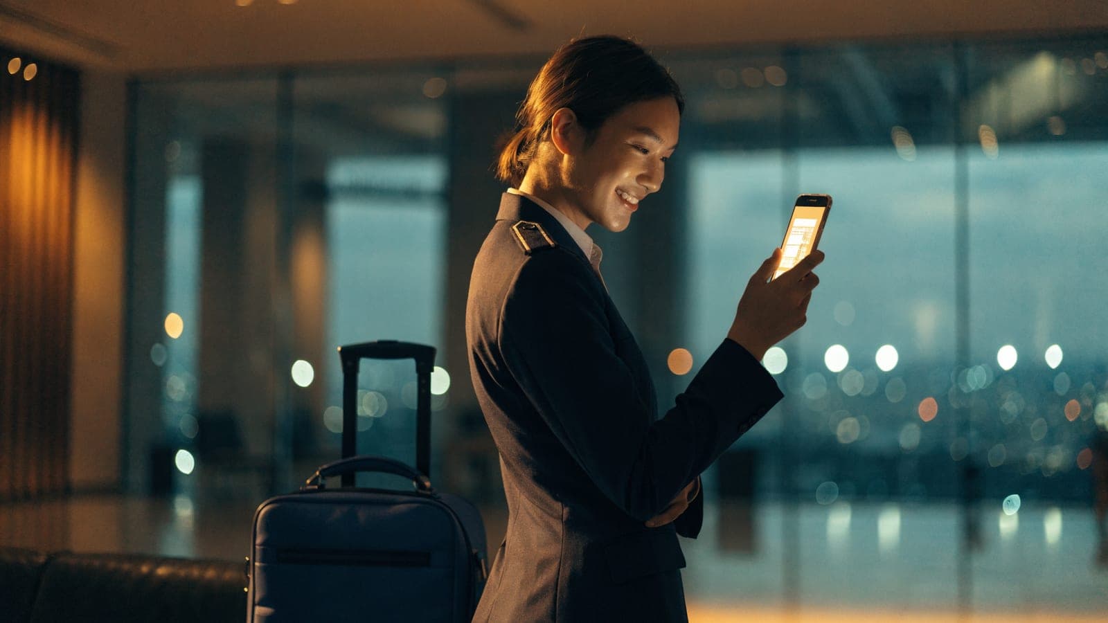 A smiling cabin crew member with a cabin bag in a hotel lobby at dusk, holding a phone showing a golden ticket