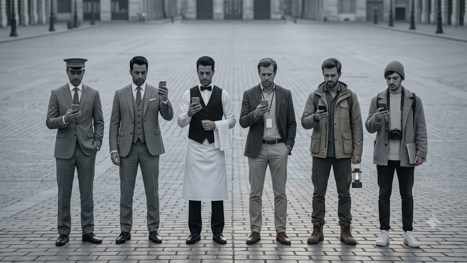 Six hospitality professionals stand apart on a grey square, each looking down at their own phone
