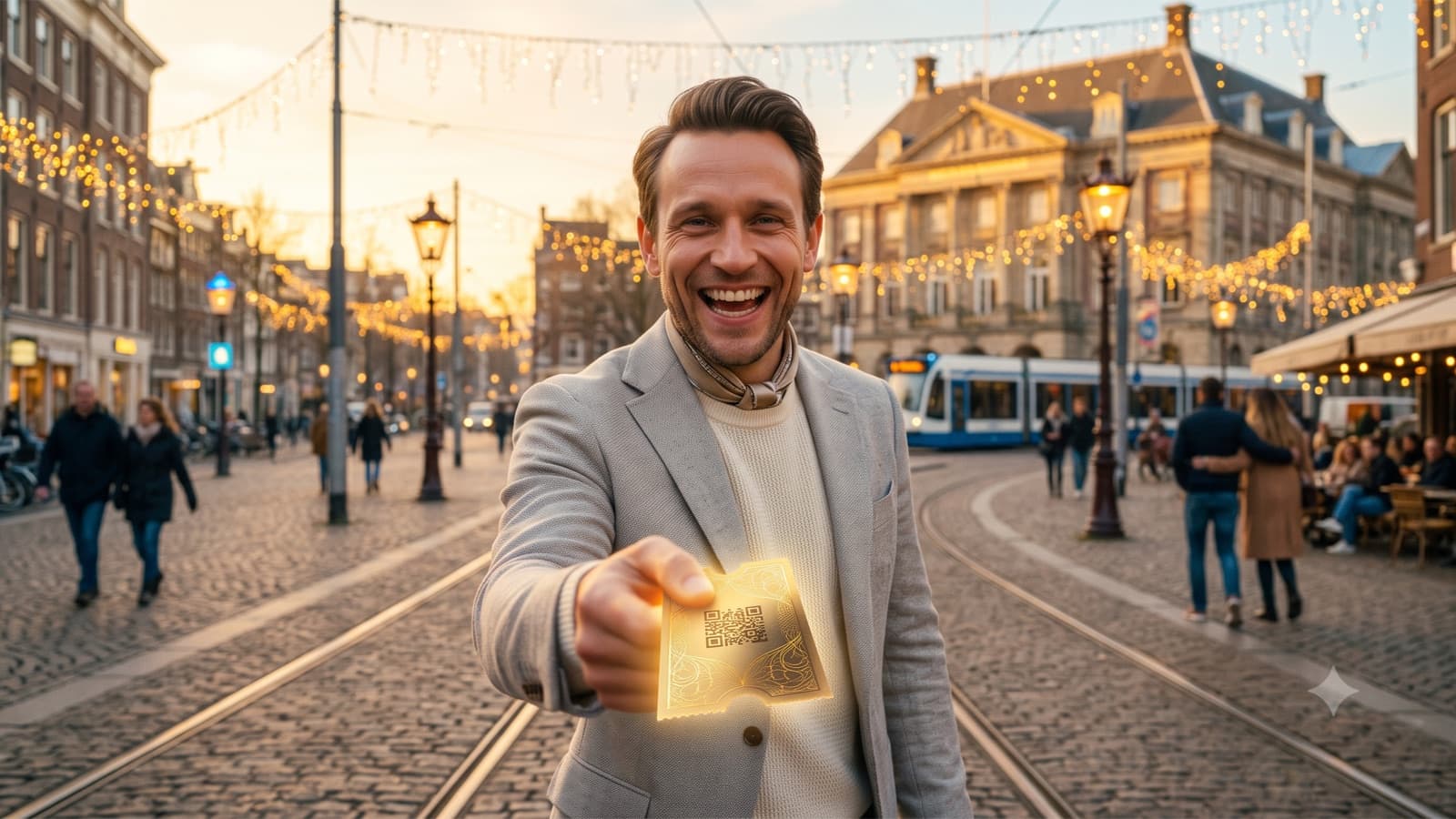 A warm smiling host offers a glowing golden ticket directly to you