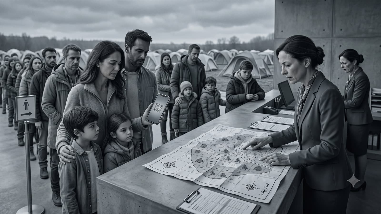 A long queue of families waits at a grey campsite reception