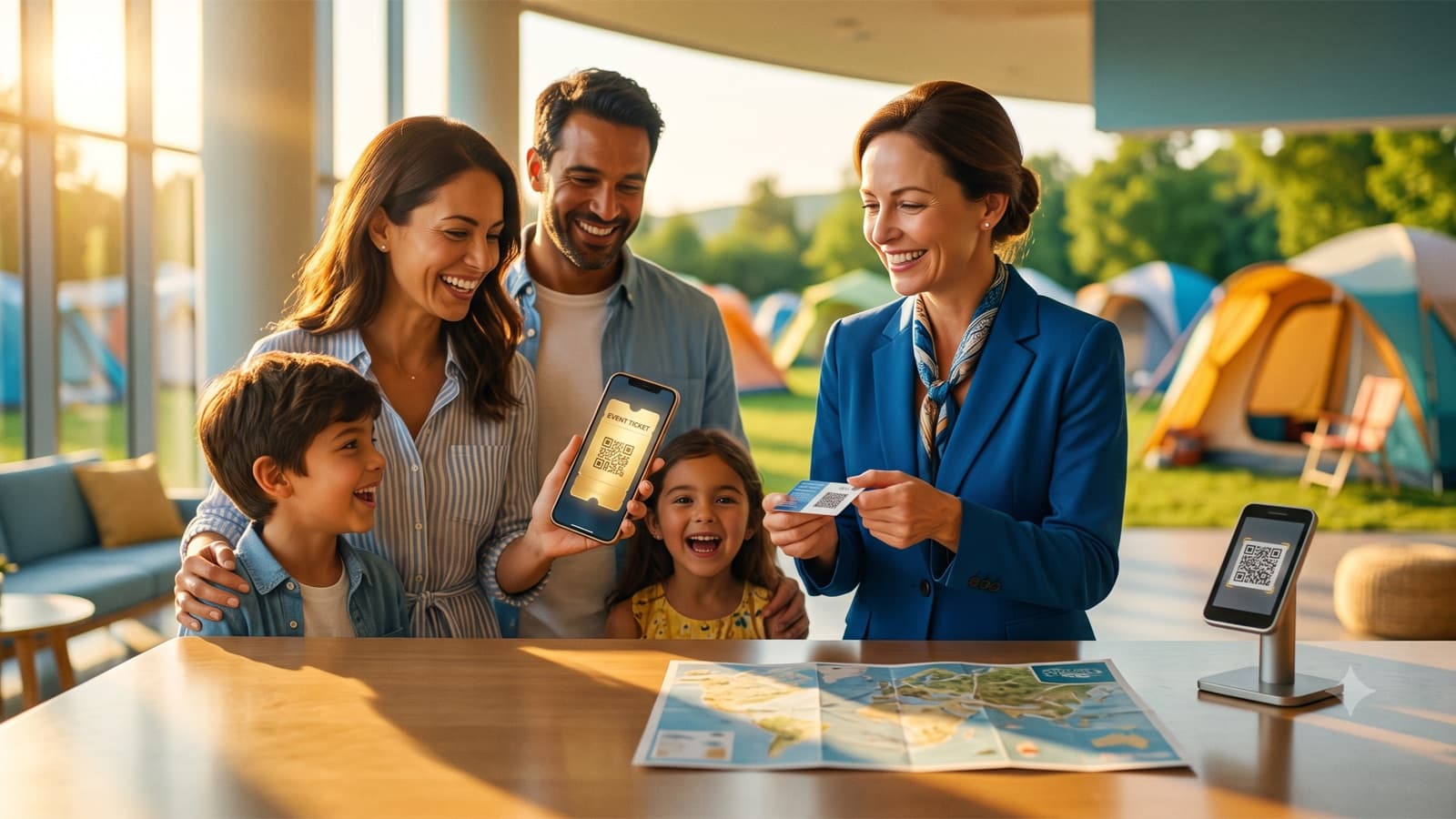 A family scans a QR card at a sunny holiday park reception, a golden ticket on the parent's phone