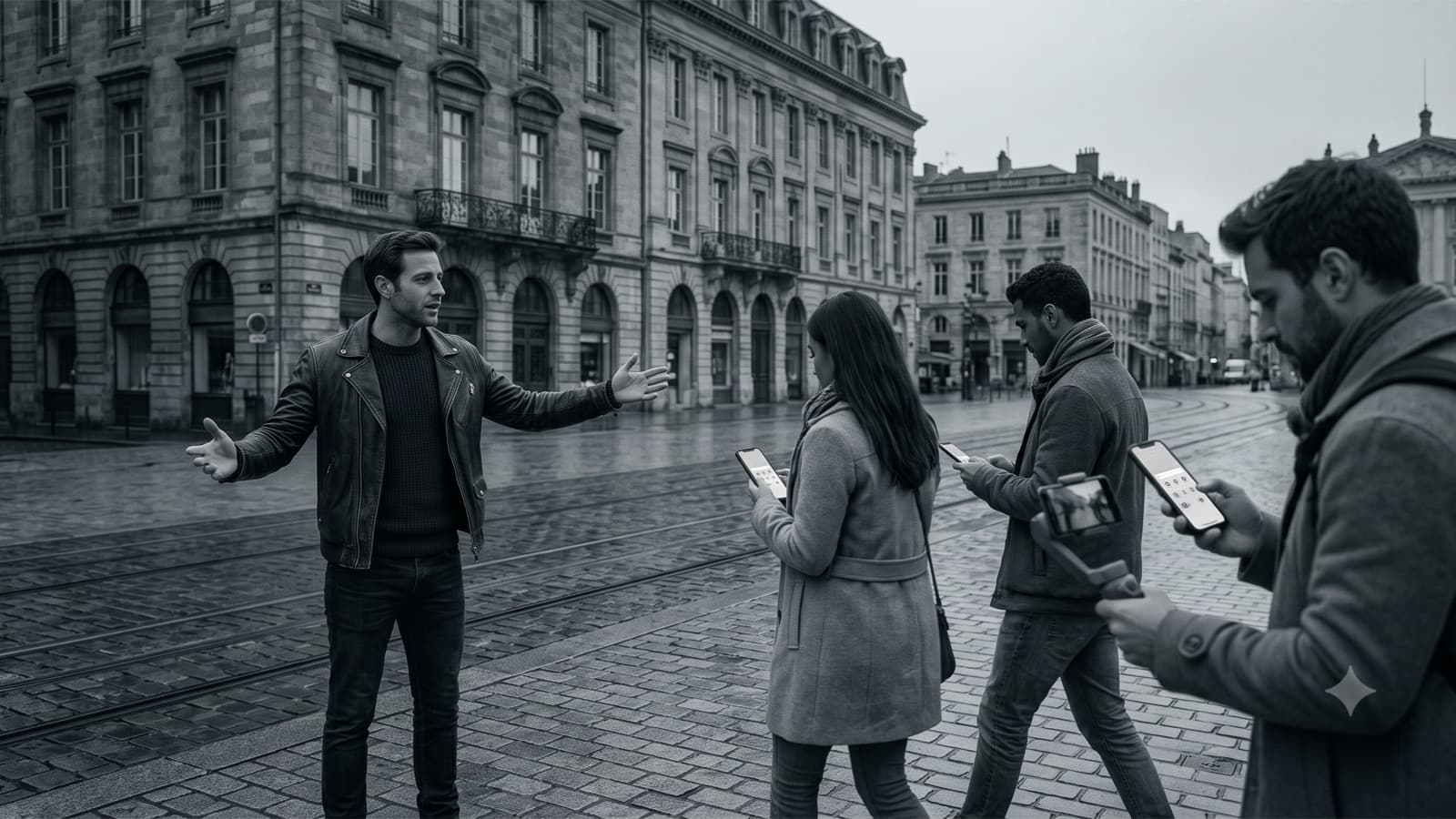 A local guide gives directions while tourists walk away booking on a faceless platform