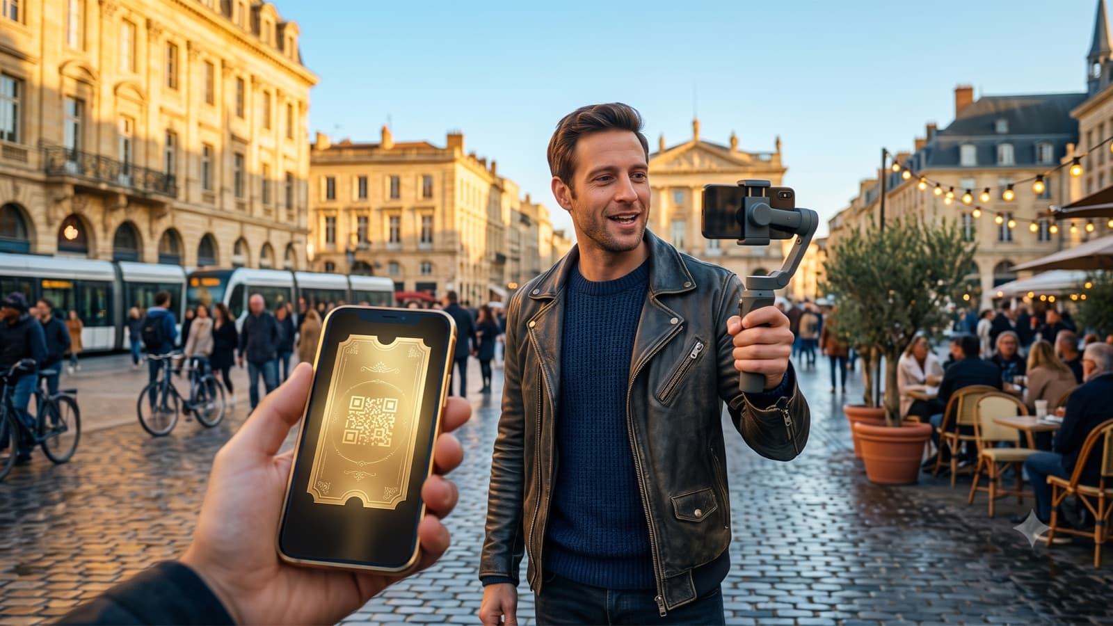A creator films on a vibrant city square while a follower's phone shows a golden ticket