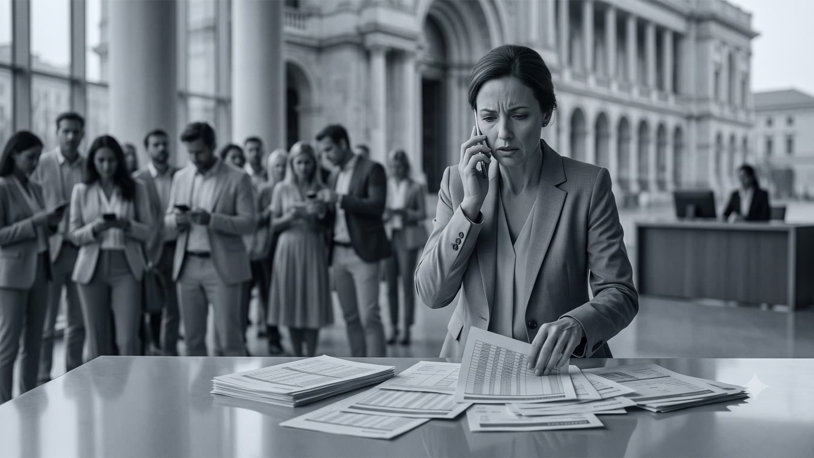 A stressed destination manager juggles phone calls and spreadsheets while the group waits