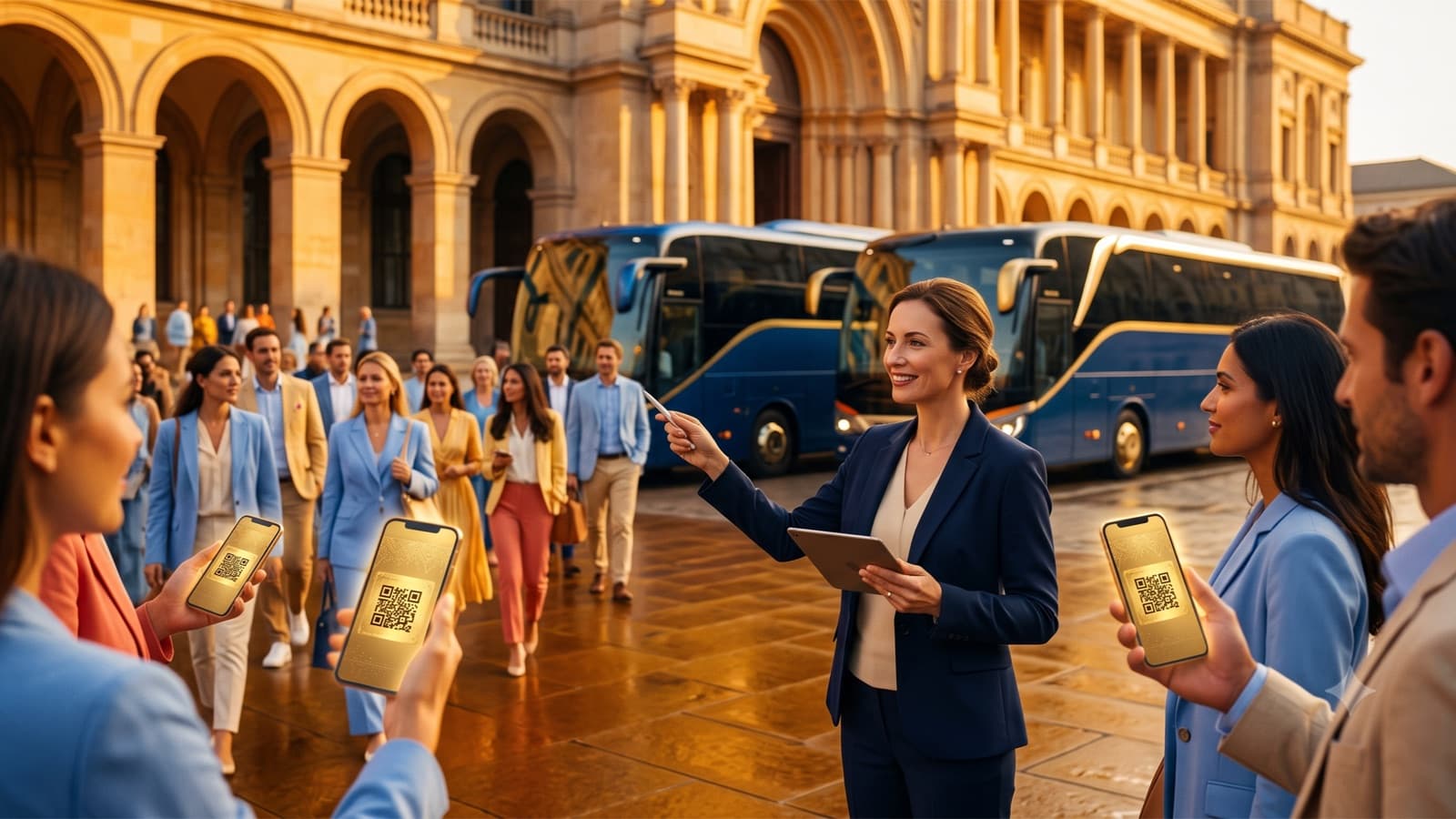 A destination manager welcomes a corporate group boarding coaches, attendees holding golden tickets on their phones
