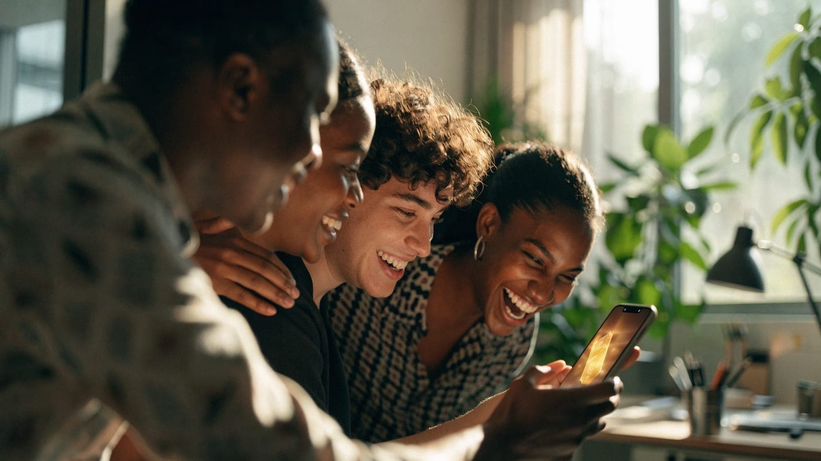 A team in a bright office laughing around a colleague whose phone shows a golden ticket
