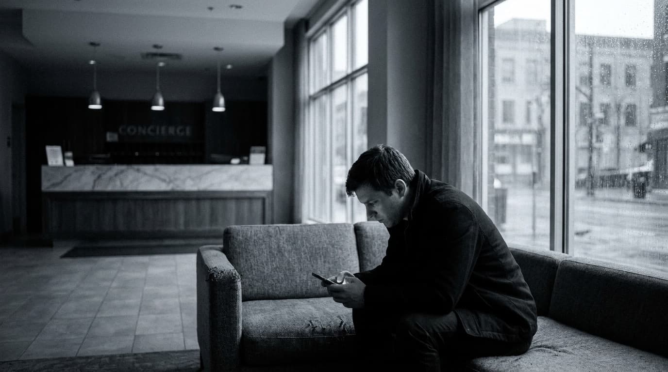 A hotel guest books alone on a faceless platform while the concierge desk stands ignored