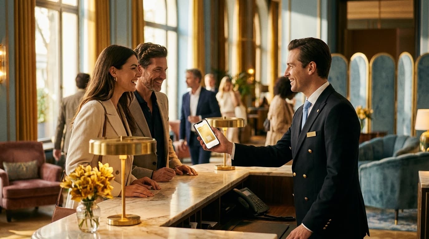 A hotel concierge hands a guest couple a phone showing a golden ticket