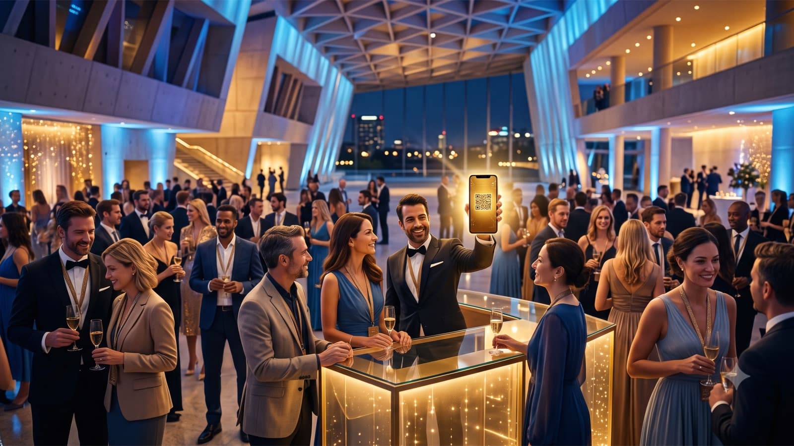An event host raises a phone with a golden ticket in a festive congress foyer full of attendees