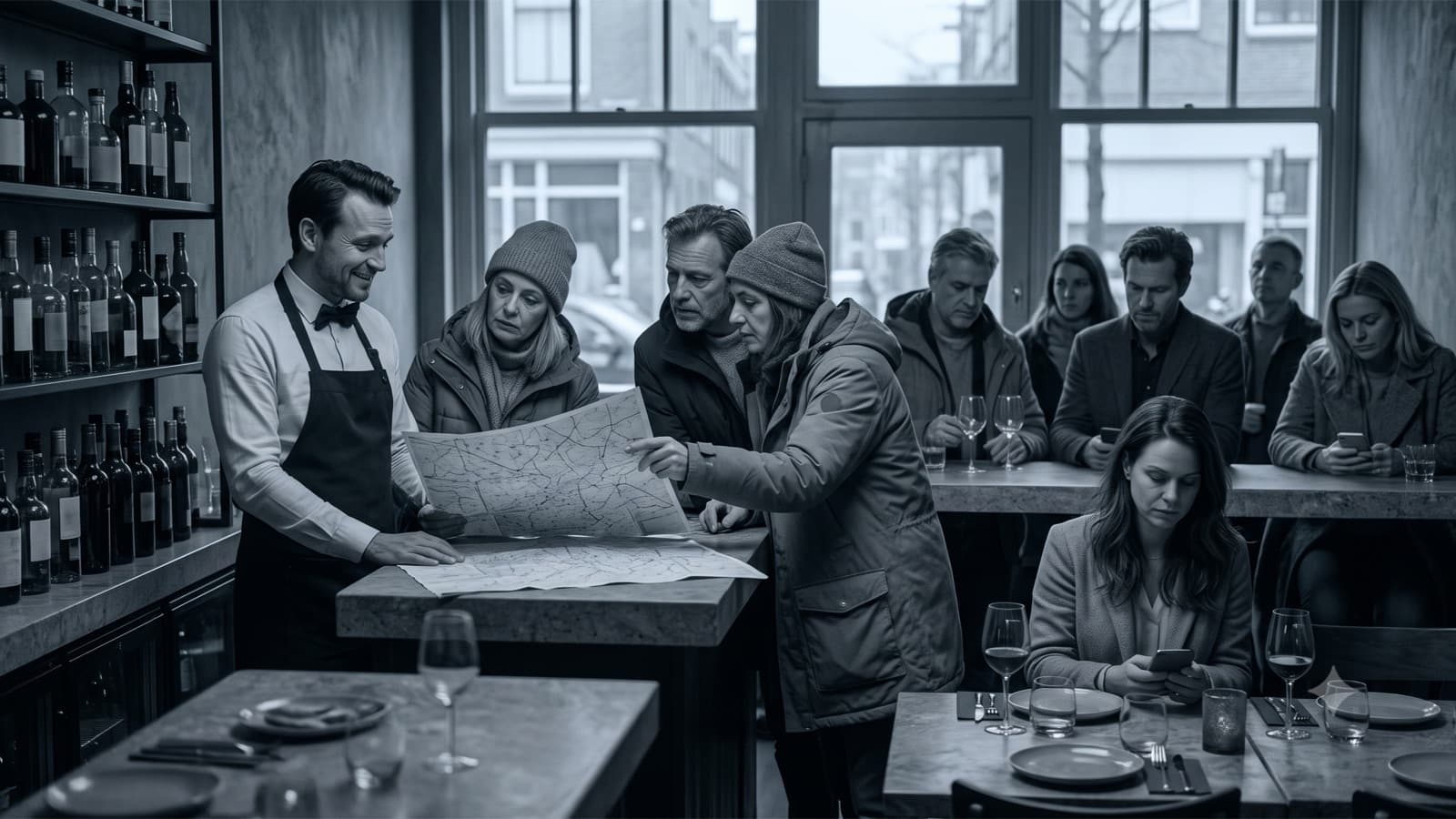 A busy bartender is cornered by tourists with a paper map while other guests wait