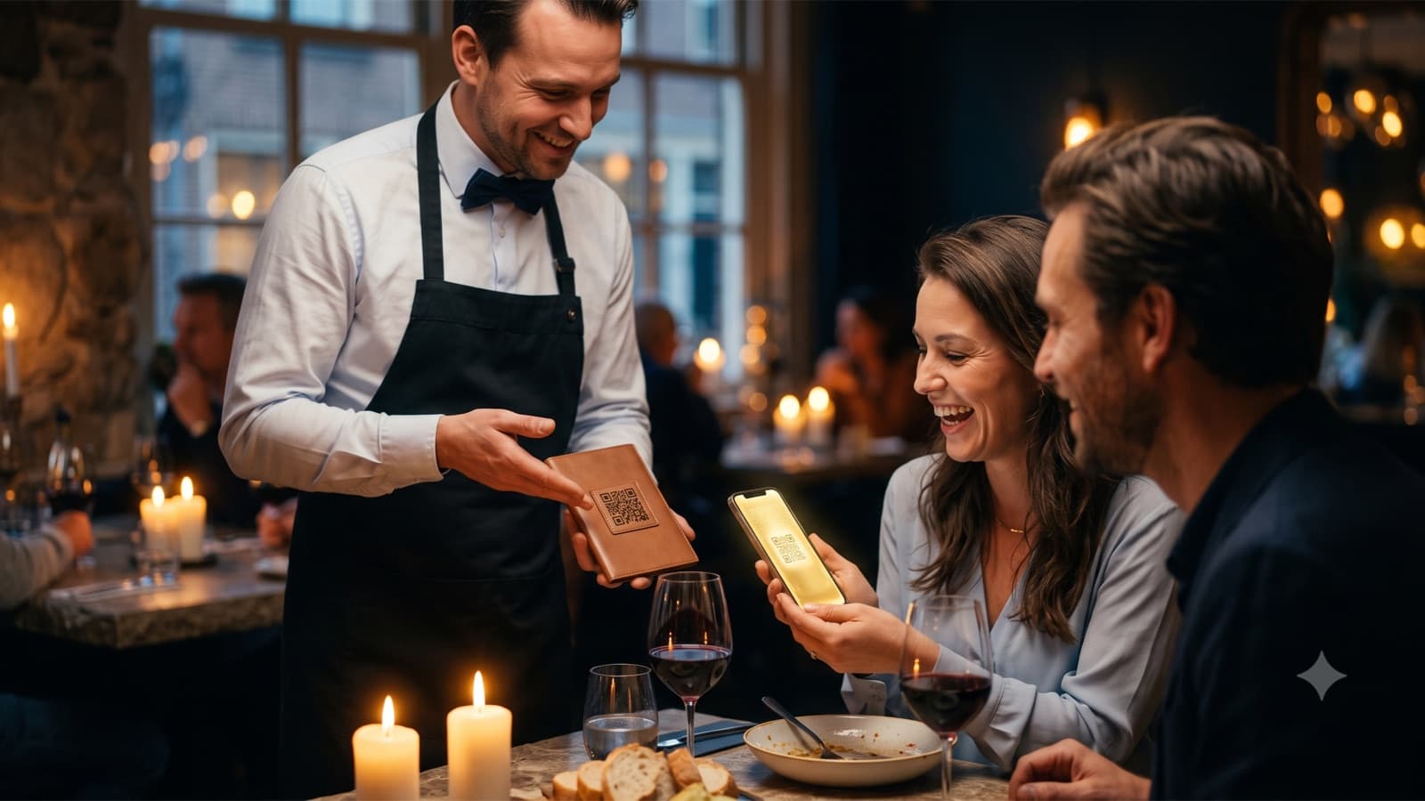 A waiter presents the bill with a QR card in a candle-lit restaurant, a golden ticket on the guest's phone