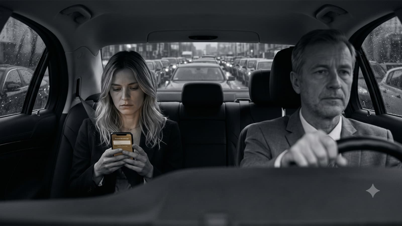 A taxi driver waits in grey traffic while the passenger books elsewhere on a phone