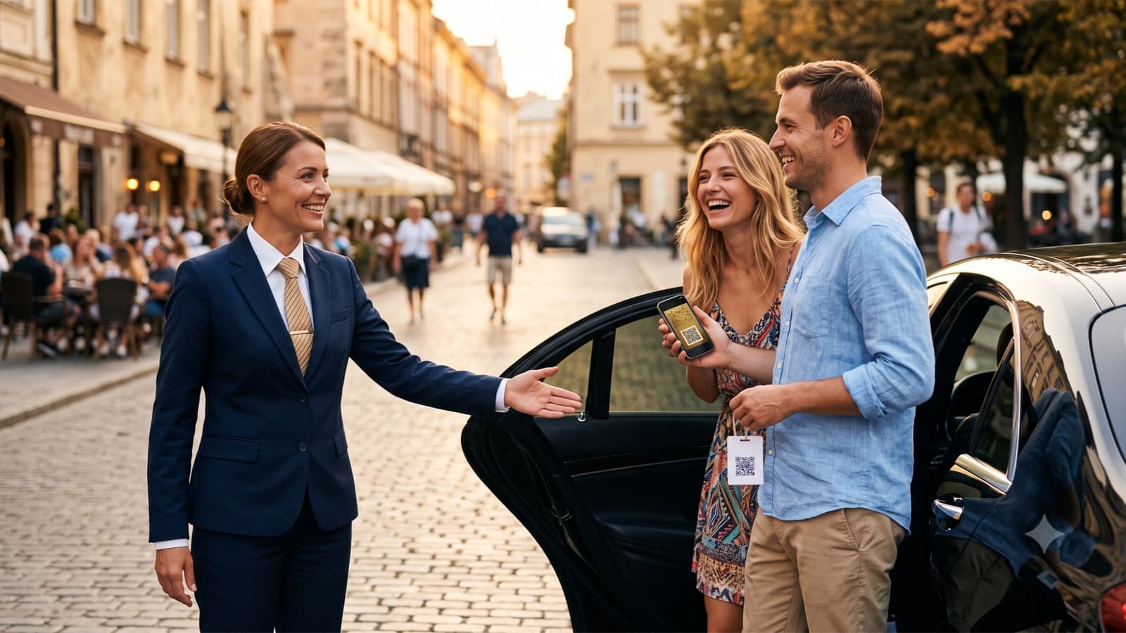 A chauffeur opens the car door for tourists, a QR card in the car and a golden ticket on a passenger's phone