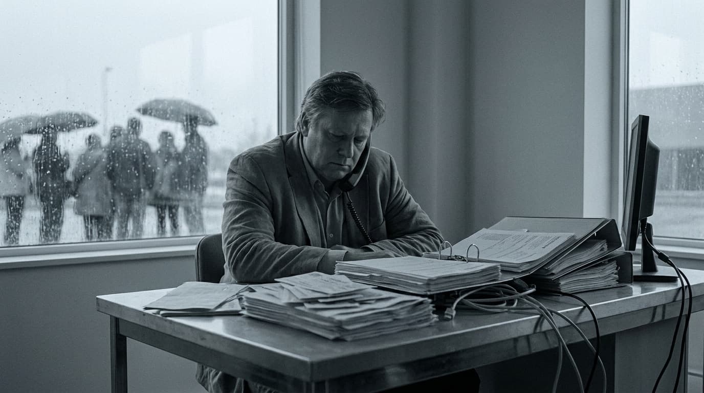 A tour operator buried in paperwork and spreadsheets while the group waits outside
