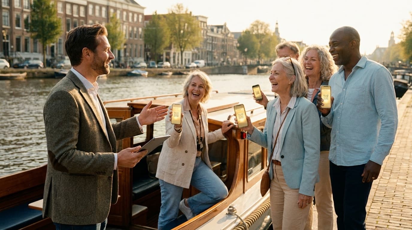 A tour operator welcomes a group at a canal boat while travellers hold up golden tickets on their phones