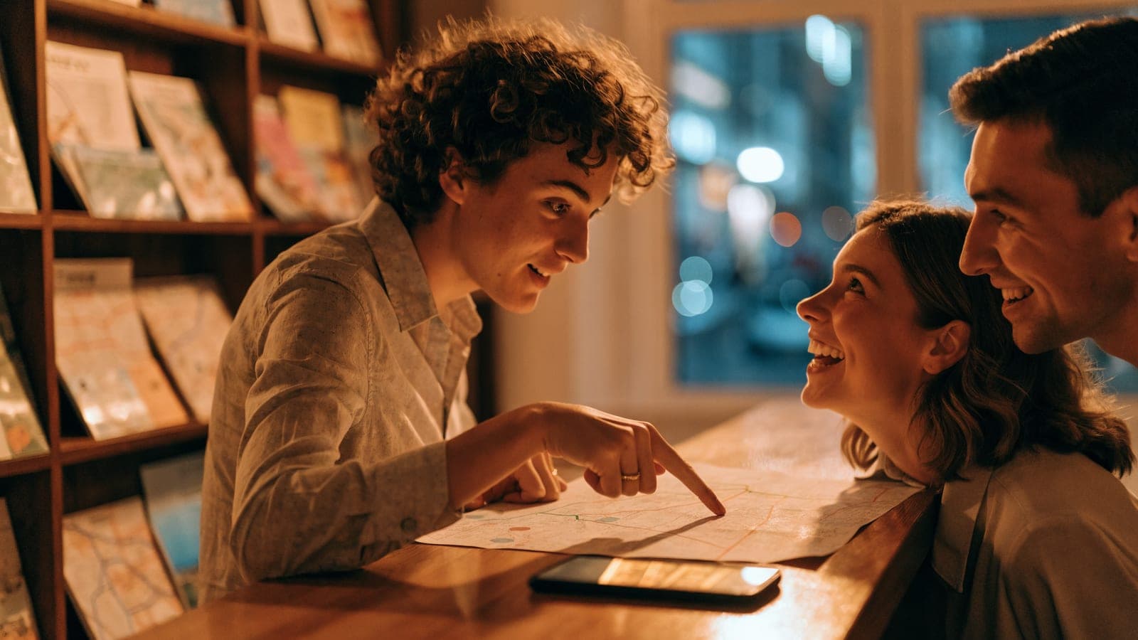 A tourist information advisor points at a city map for two visitors, a phone on the counter showing a golden ticket