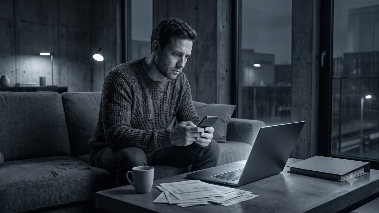 A tired host answers endless guest messages late at night on the couch