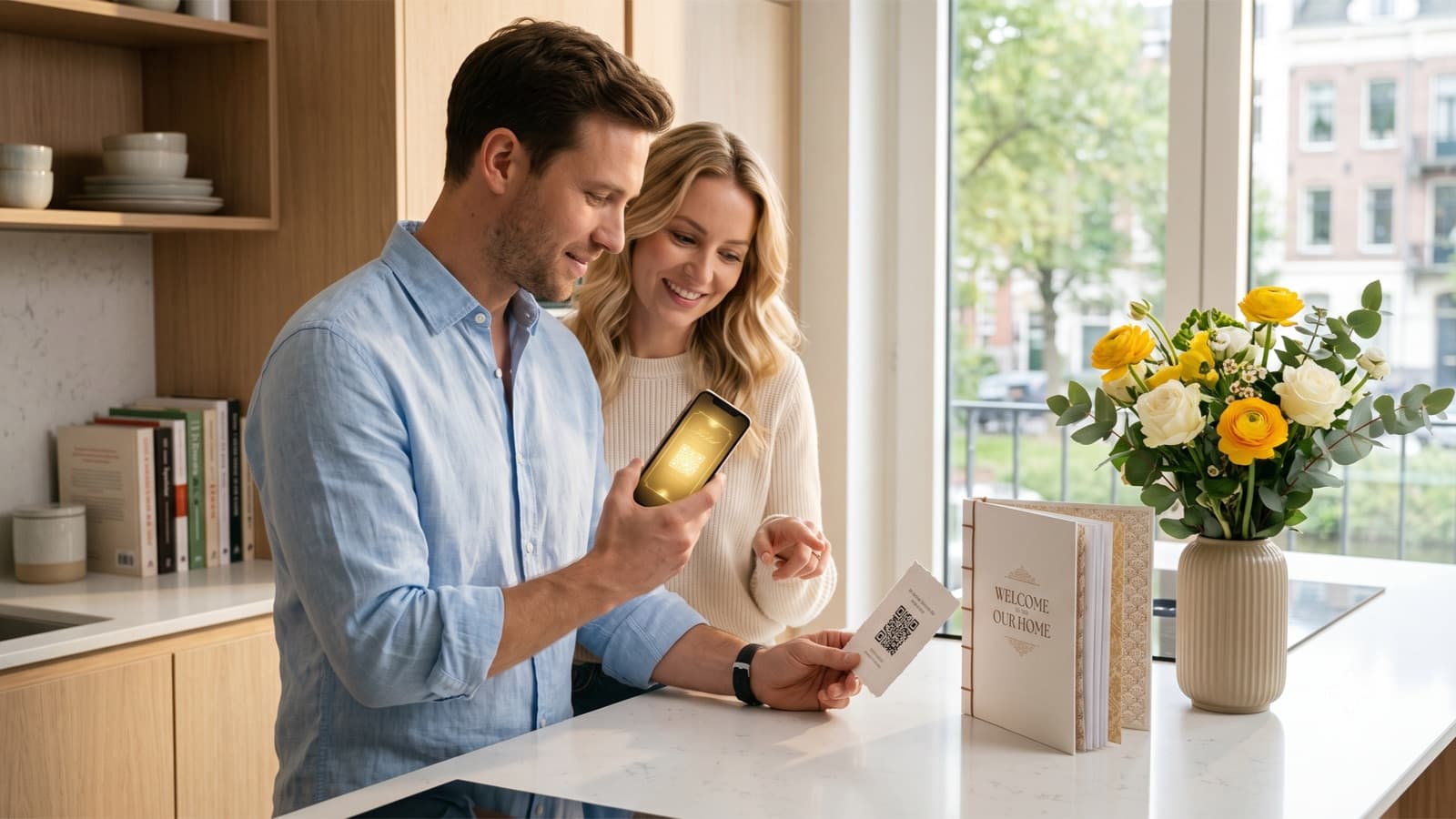 Guests scan a QR card next to the welcome book in a bright apartment kitchen, a golden ticket on their phone