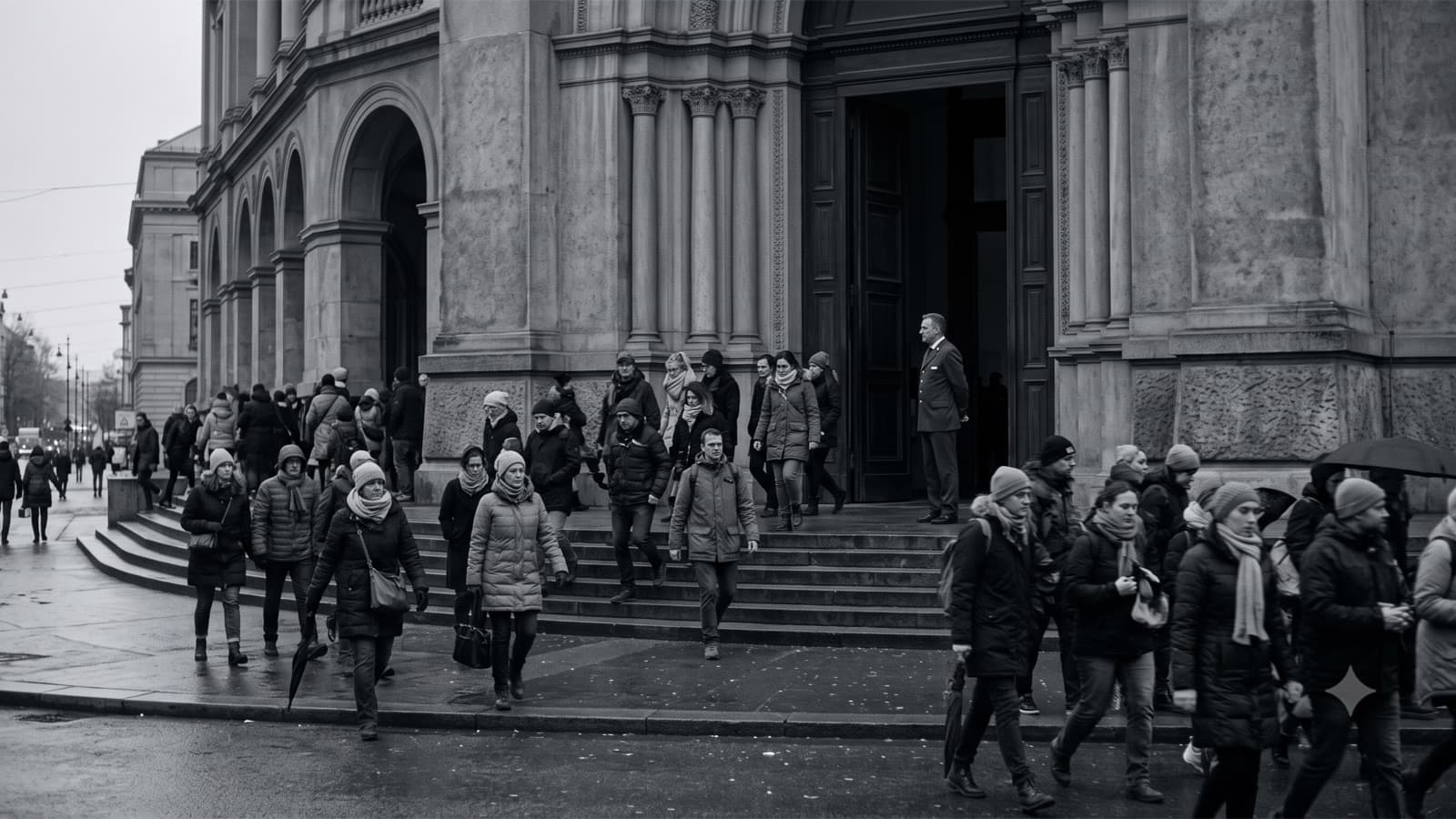 Visitors stream out of a museum and disperse while a staff member watches them leave