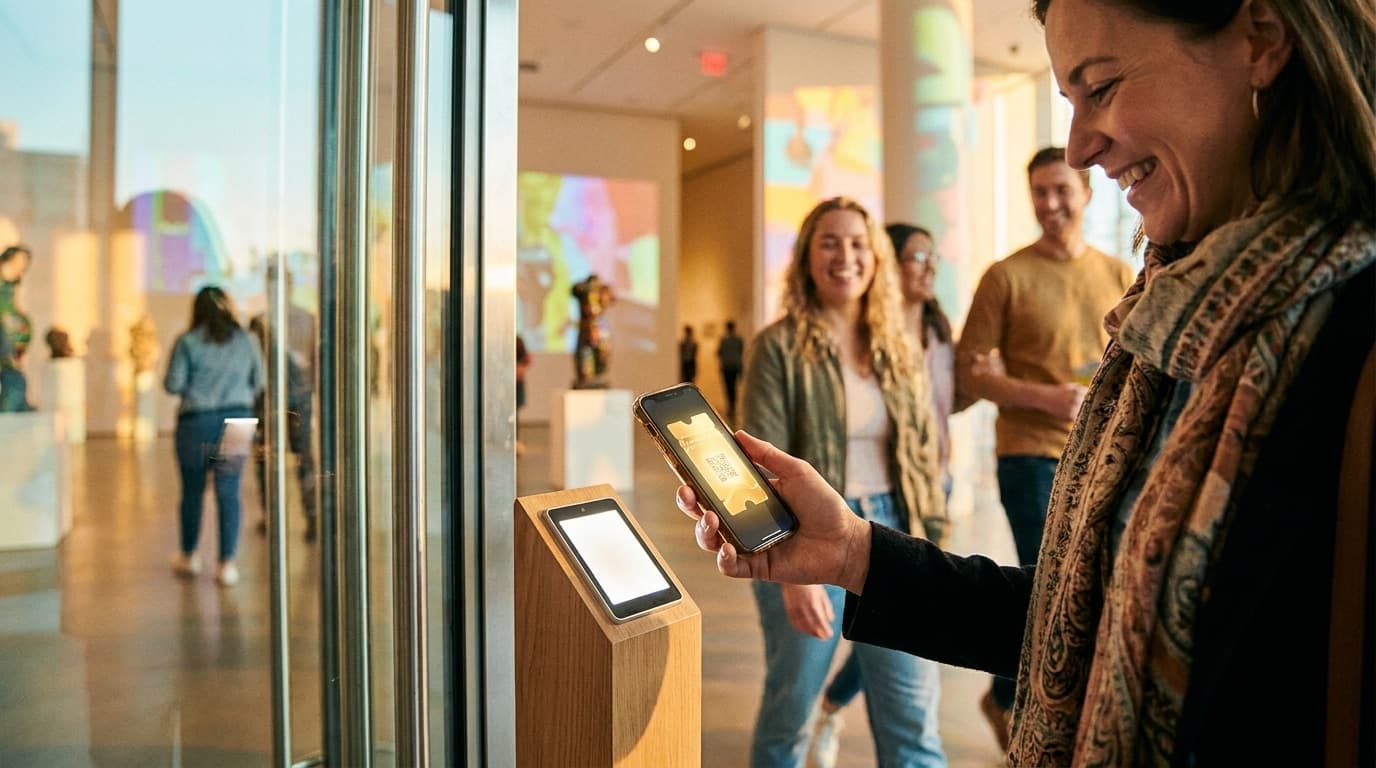 A museum visitor scans a QR display at the exit, a golden ticket glowing on her phone